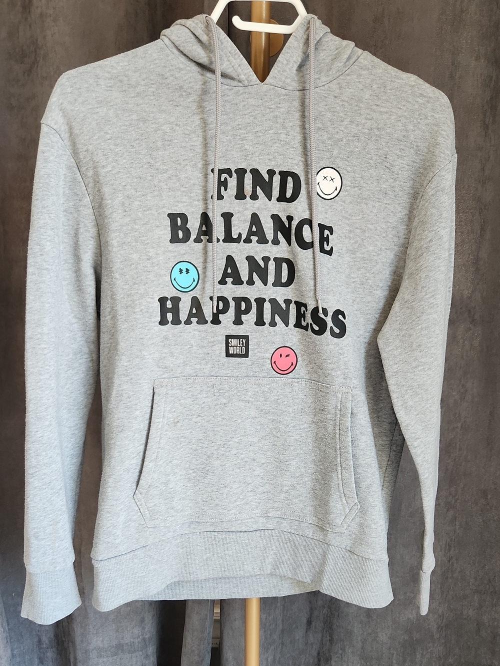 Find Balance and Happiness Grey Hoodie with Smiley Graphics
